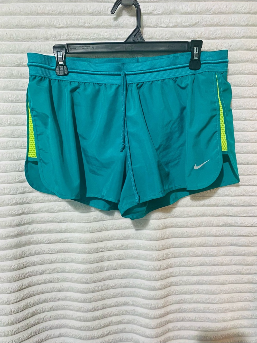 Nike Women's Teal Athletic Shorts with Neon Lime Panels